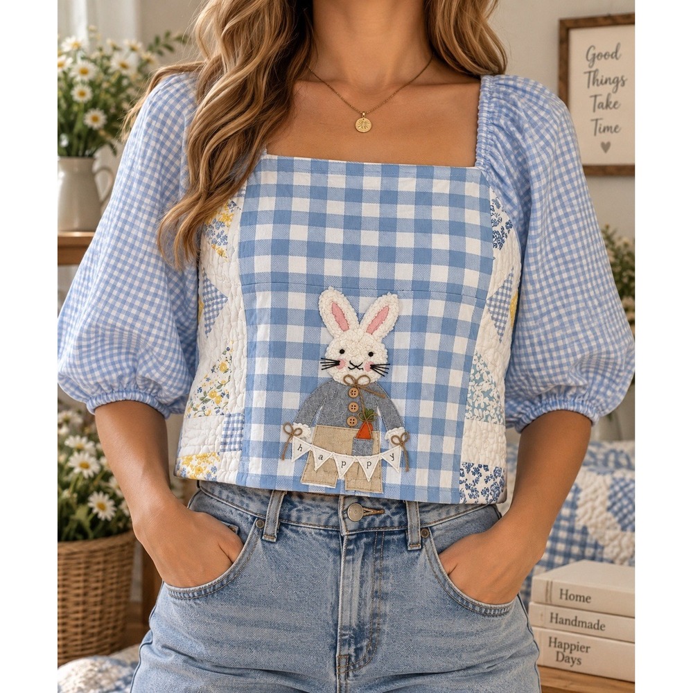 OOAK Handmade Blue Bunny Patchwork Gingham 3-Way Back Tie Crop Top Women Sz S